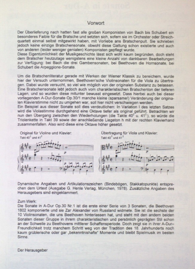 Sonata A-major, op. 30, No. 1, for Violin and Piano, arranged for Viola and Piano