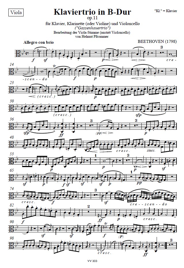 Piano trio «Gassenhauertrio» B-major, op.11, Viola part (instead of Violoncello)