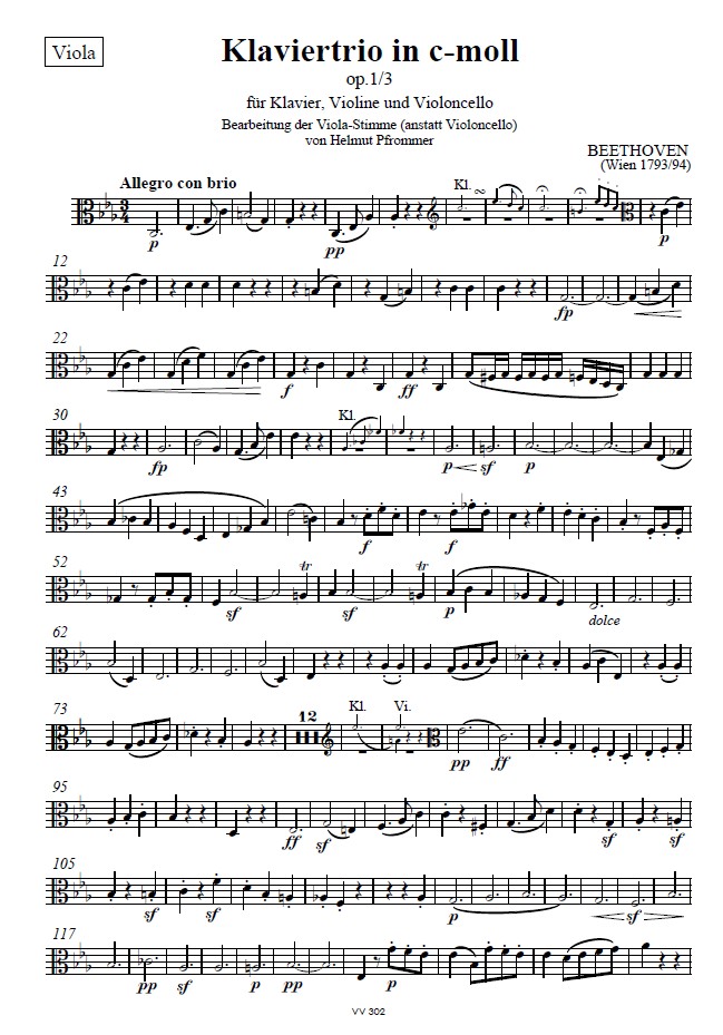 Klaviertrio c-moll, op.1 Nr.3, Einzelstimme Bratsche (anstatt Violoncello)