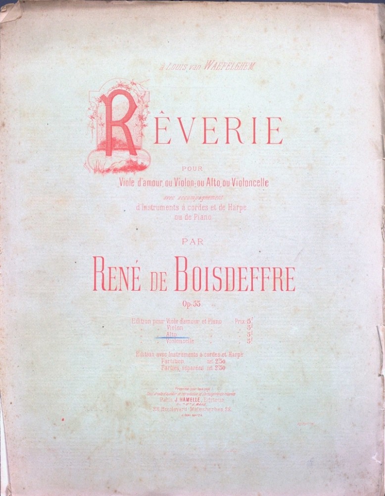 Rêverie, op. 55, für Viola d'amore (Violine / Bratsche / Violoncello), Streicher und Harfe (Klavier)