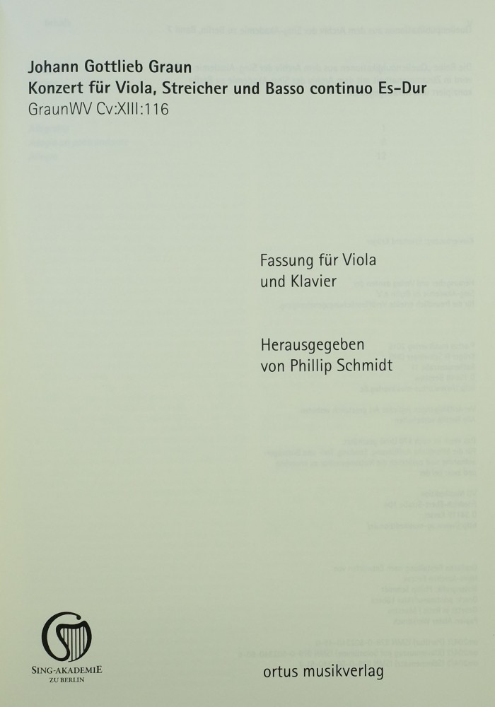 Konzert Es-dur, (GraunWV Cv:XIII:116), für Bratsche, Streicher und Basso continuo