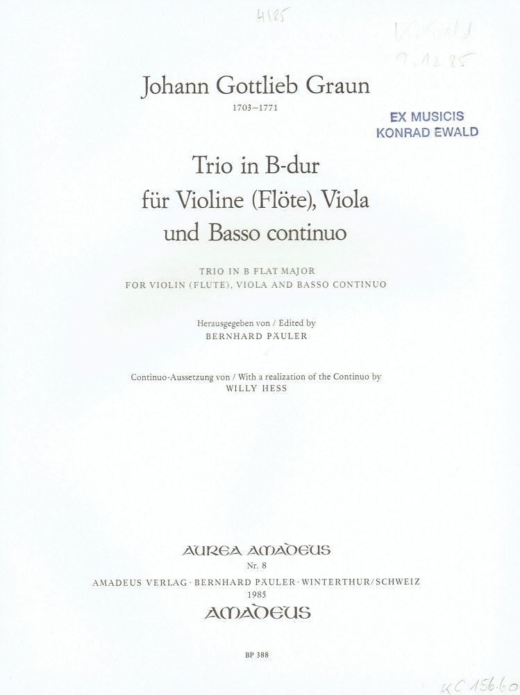 Trio Bb-major (musikalisch identical with the Sonata B-major, GraunWV A:XV:16) for Violin (Flute), Viola and Basso continuo
