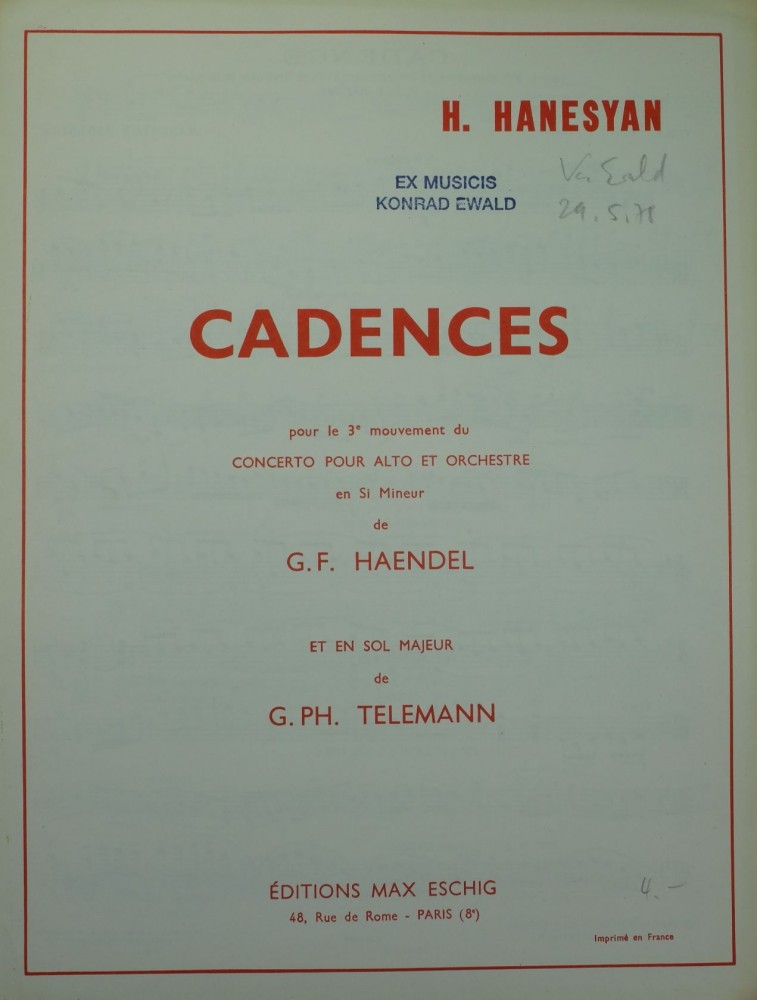 Kadenzen zu den Konzerten von Händel und Telemann, für Bratsche und Orchester