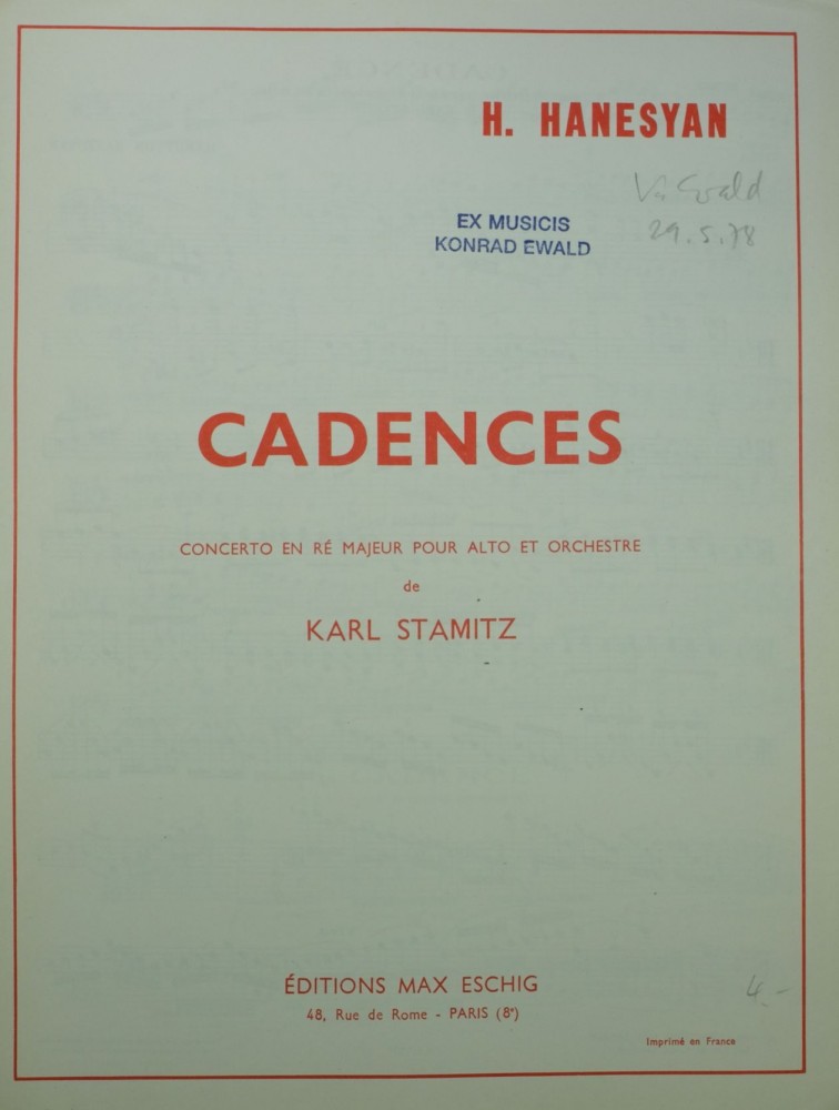 Kadenzen zum Konzert von K. Stamitz, D-dur, für Bratsche und Orchester