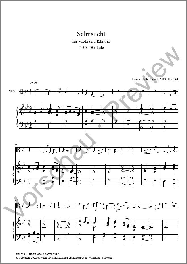 Sehnsucht, op. 144, für Bratsche und Klavier