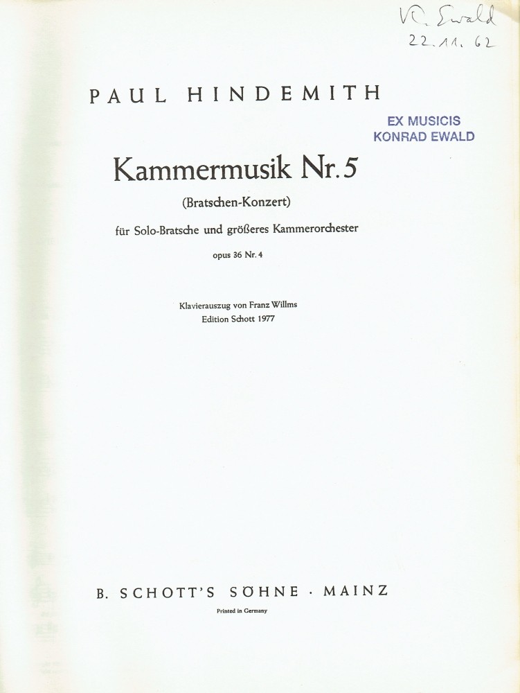 Kammermusik Nr. 5 (Bratschenkonzert), op. 36, Nr. 4, für Bratsche und Orchester