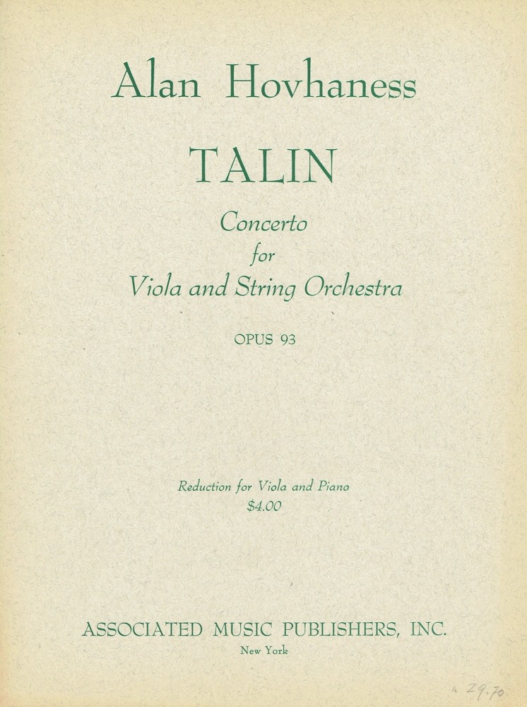 Talin. Concerto, op. 93, for Viola and Strings