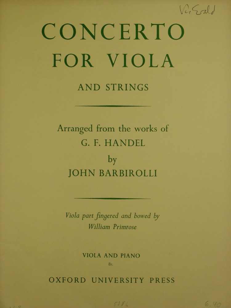Concerto, arranged from the works of G. F. Handel by John Barbirolli, für Bratsche und Streicher (Klavier)