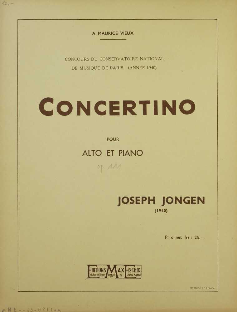 Concertino, op. 111, für Bratsche und Orchester (Klavier)