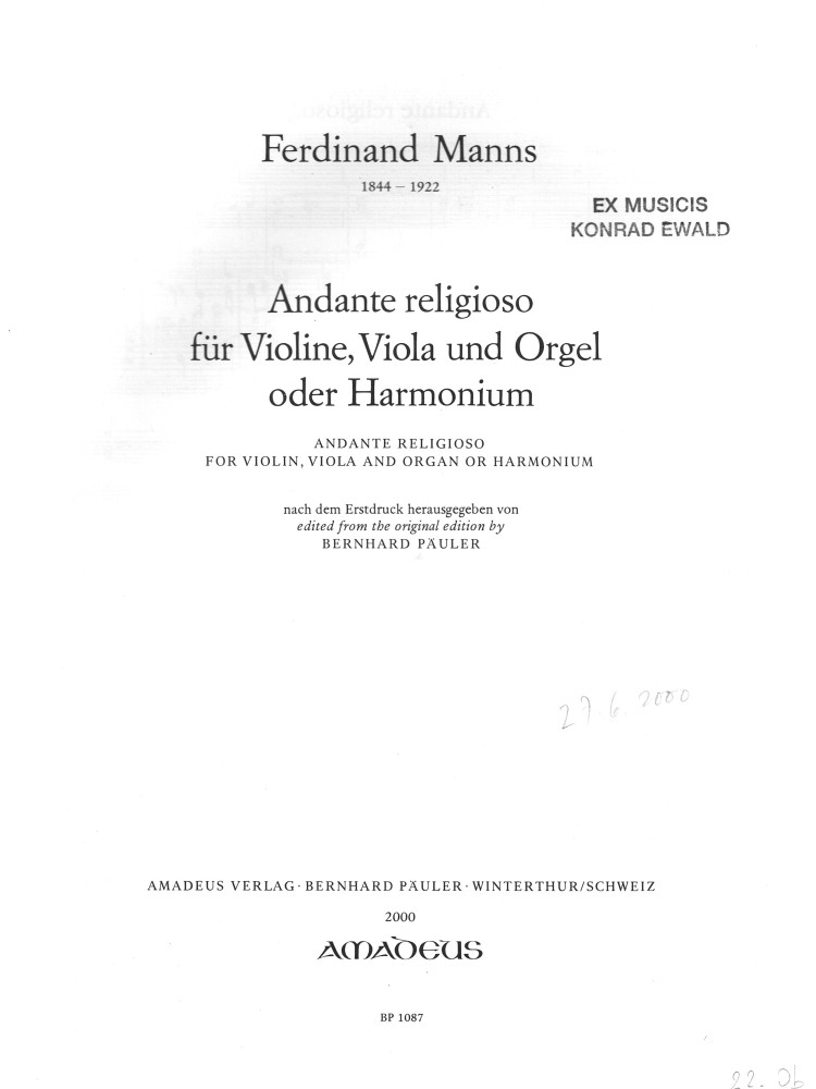 Andante religioso, op. 14, für Violine, Bratsche und Orgel