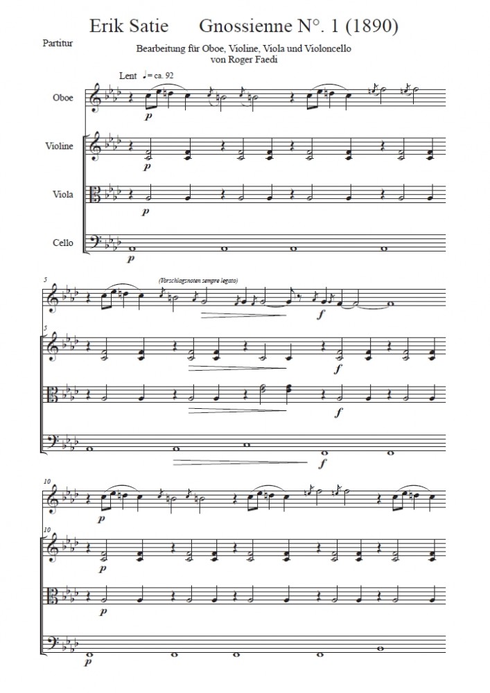 Gnossienne No. 1, op. 46, arranged for Oboe (Clarinet), Violin, Viola and Violoncello