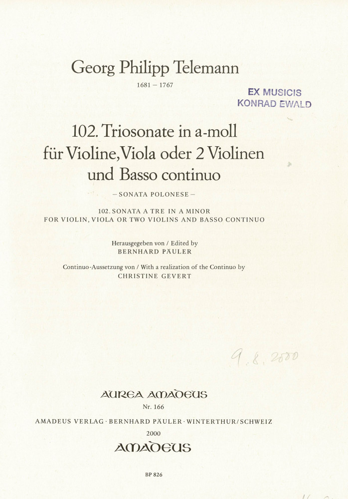 Triosonate Nr. 102 a-moll, TWV 42:a8, für Violine, Bratsche und Basso continuo