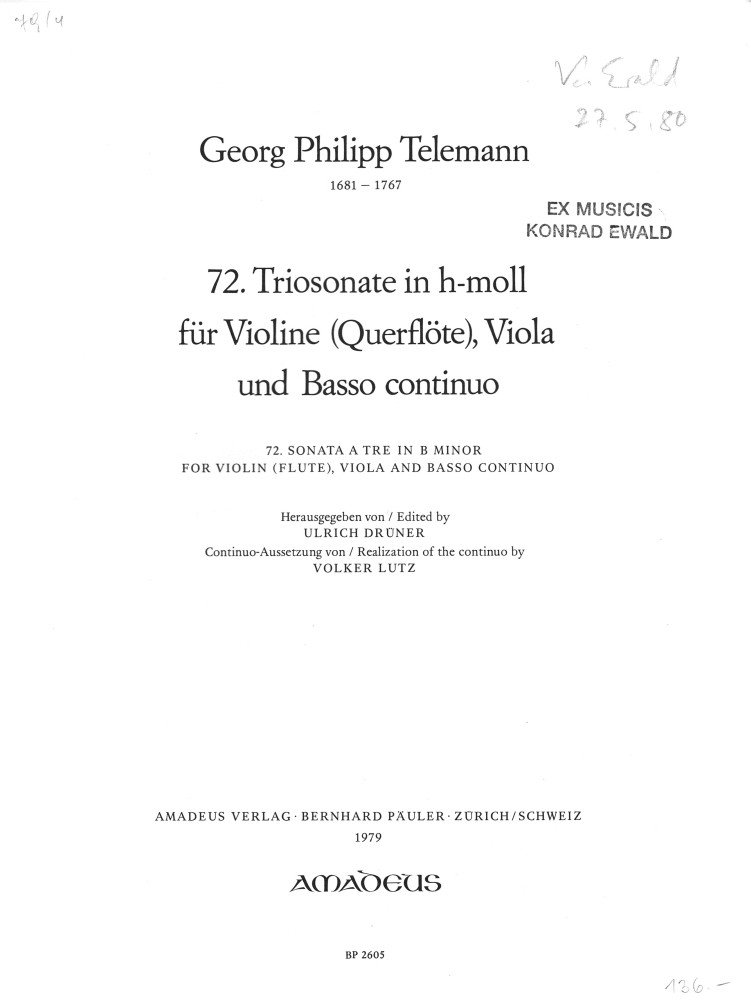 Triosonate Nr. 72 h-moll, TWV 42:h6, für Violine (Querflöte), Bratsche und Basso continuo
