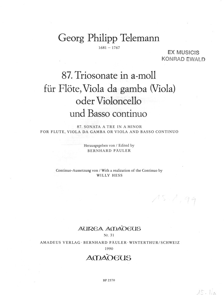 Triosonate Nr.87 a-moll, TWV 42:a7, für Flöte, Viola da gamba (Viola) oder Cello und Basso continuo
