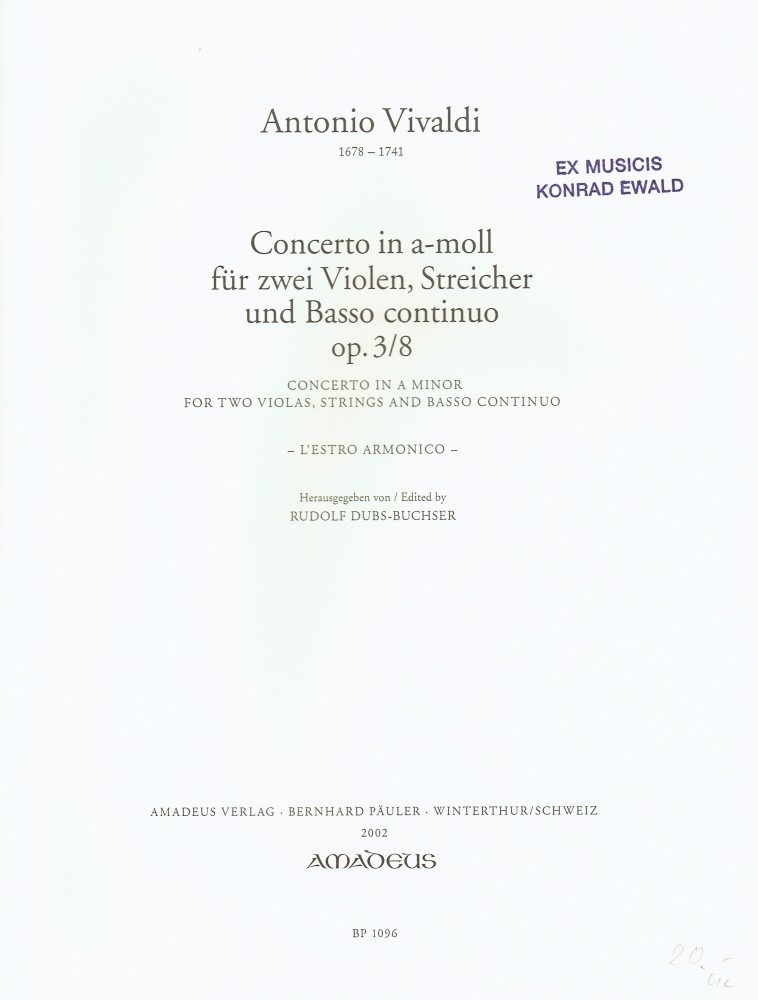 L'estro armonico, op. 3, Nr. 8, Concerto a-moll, arrangiert für 2 Bratschen und Klavier