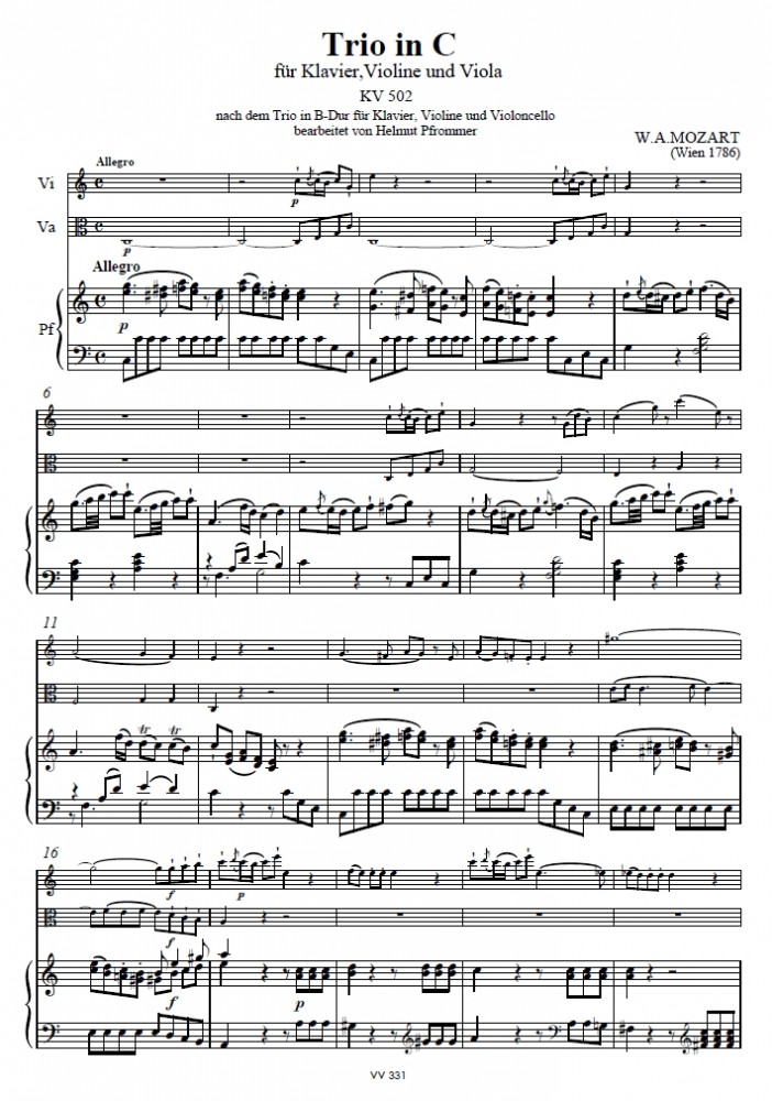 Trio Bb-major, KV 502, for Violin, Violoncello and Piano, arranged for Violine, Viola and Piano (C-major)
