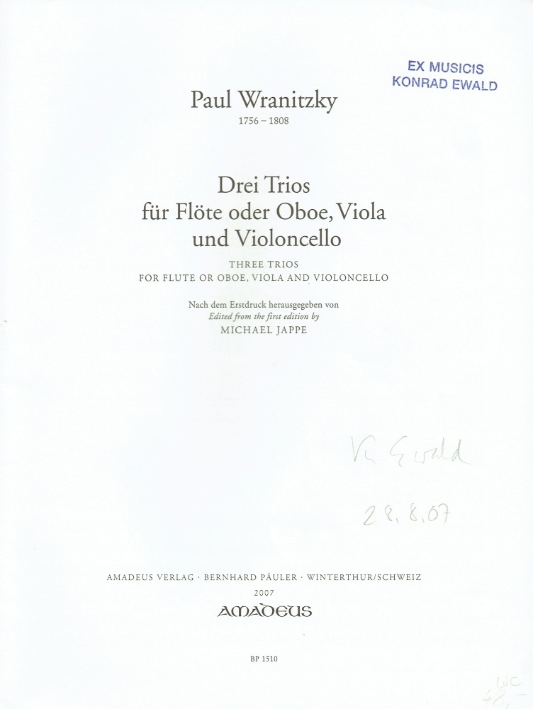 3 Trios (B/G/D), for Flute (Oboe/Violin), Viola and Violoncello